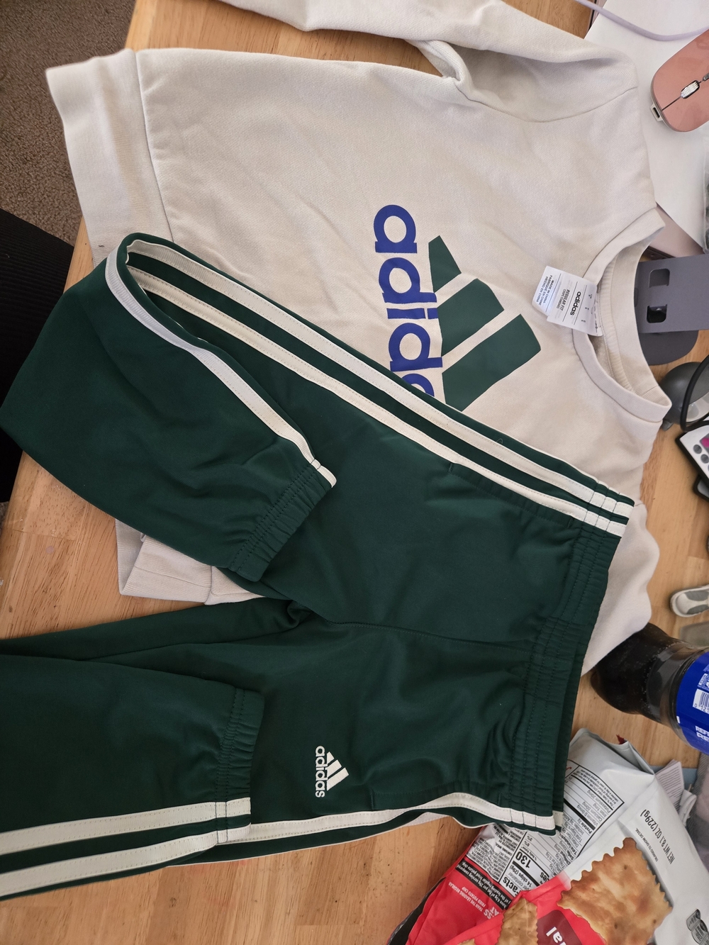 adidas Kids Dark Green Joggers with Cream Stripe
